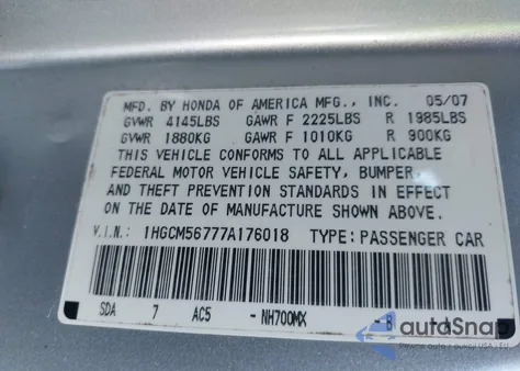 2007 Honda Accord 2.4 Ex from USA, damaged, VIN 1HGCM56777A176018